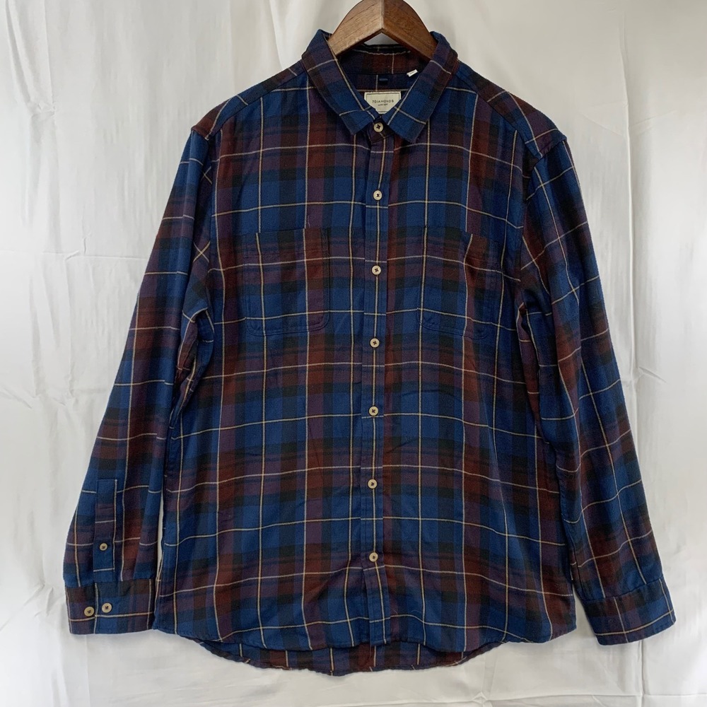 7Diamonds Button Front Shirt Mens Medium Blue Burgundy Plaid Luxe Soft SMKF-1015